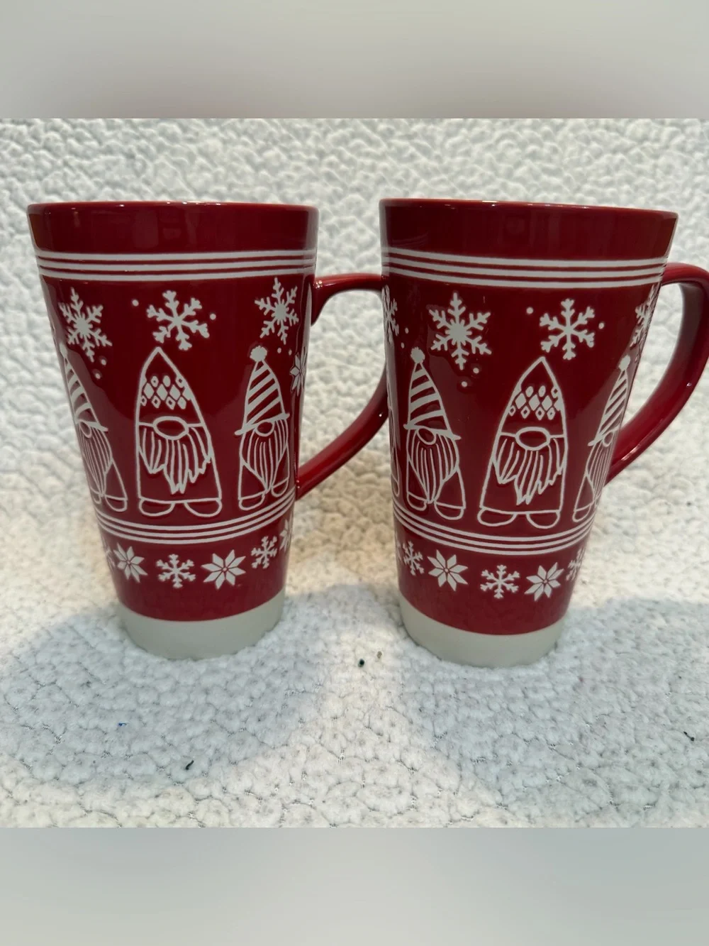 2 St. Nicholas Square Ceramic Coffee Mugs 16 fl oz Red White Gnome Snowflakes